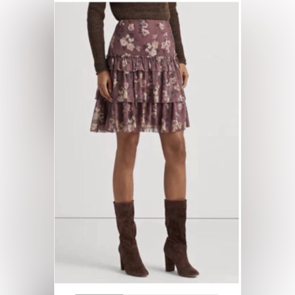 LAUREN RALPH LAUREN Purple Zippered Ruffled Tiered Skirt Lined Floral - Picture 2 of 9